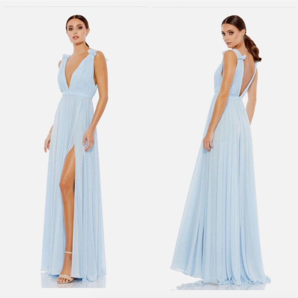 MAC DUGGAL 55321 PLEATED CHIFFON SLEEVELESS V-NECK POWDER BLUE GOWN sz 6